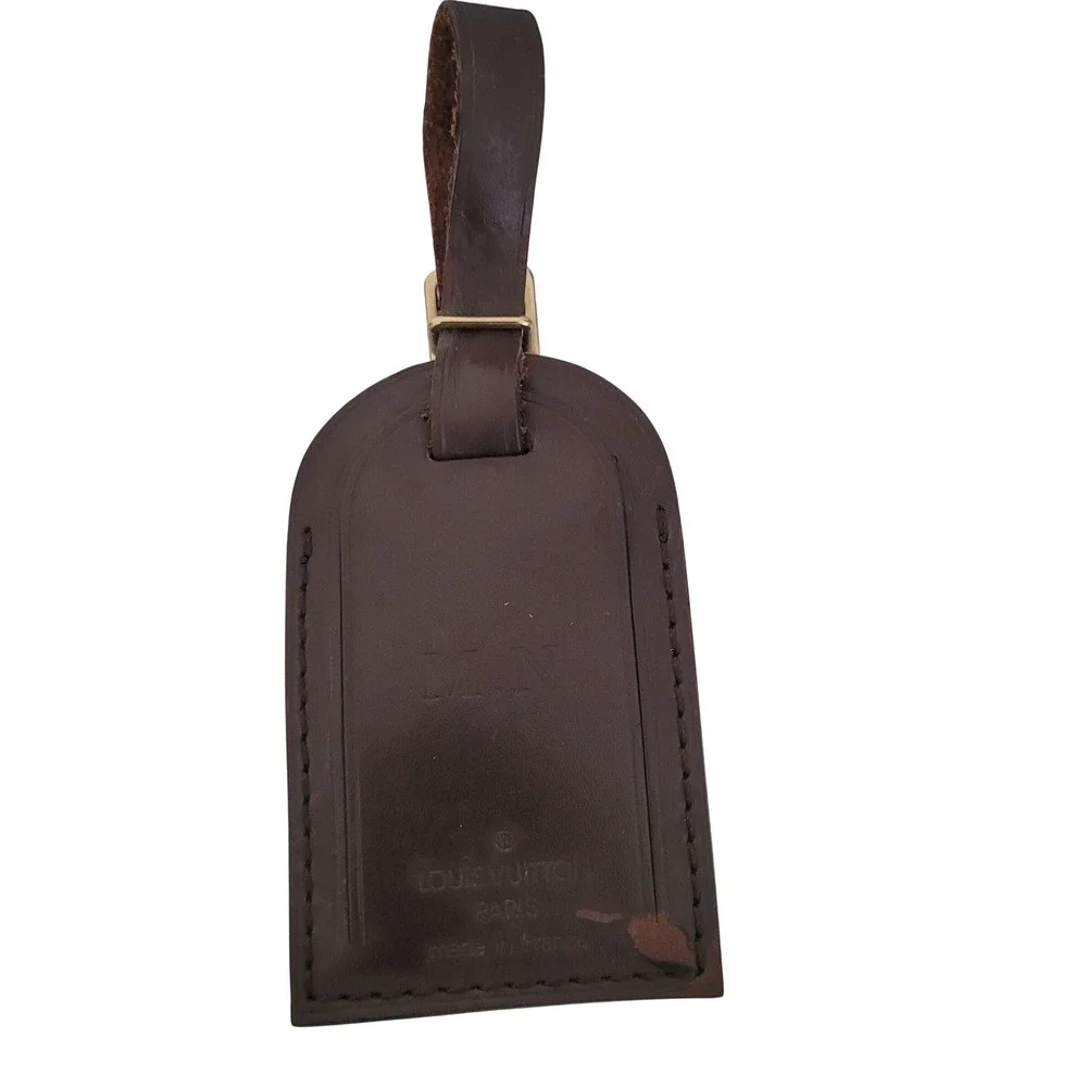 Louis Vuitton Brown Leather Luggage Tag Gold Buckle Travel Accessory MN Monogram